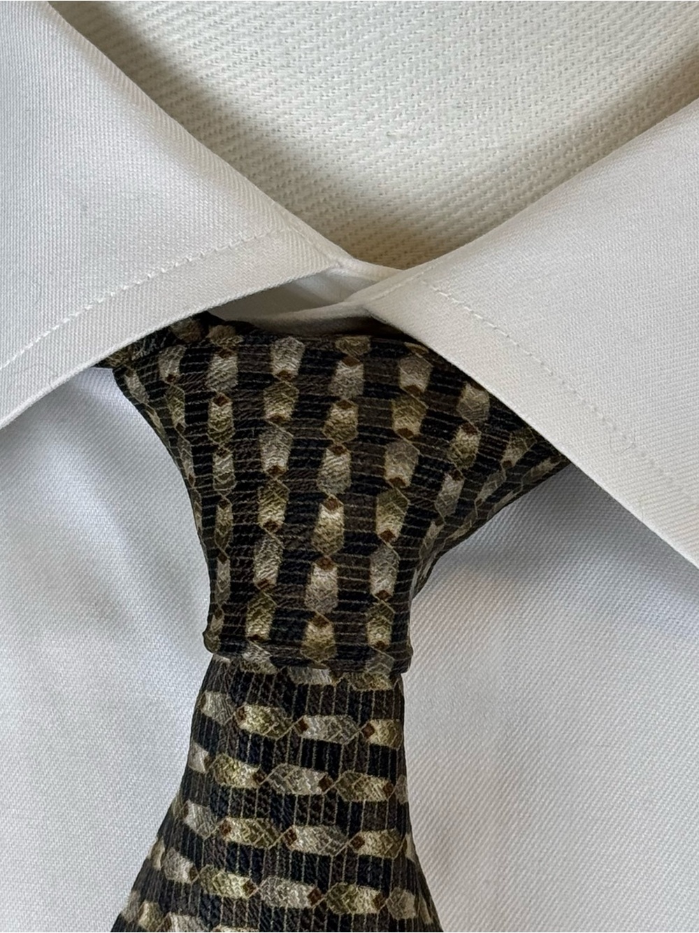 Zylos George Machado Vintage 90s Silk Tie Brown Gold Geometric Abstract Made VTG